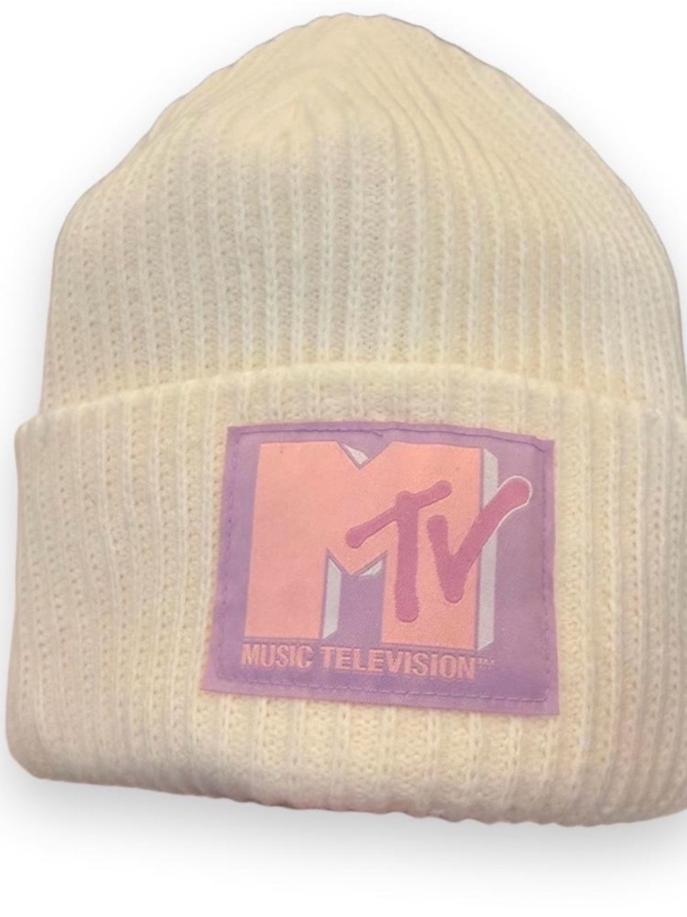 MTV Cream Ribbed Beanie with Pink-Lavender Logo Patch